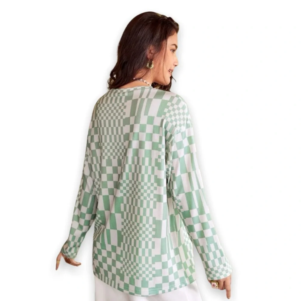 New Green White Super Soft Drop Shoulder Long Sleeve Checkered Plaid Print Tee - Picture 6 of 13